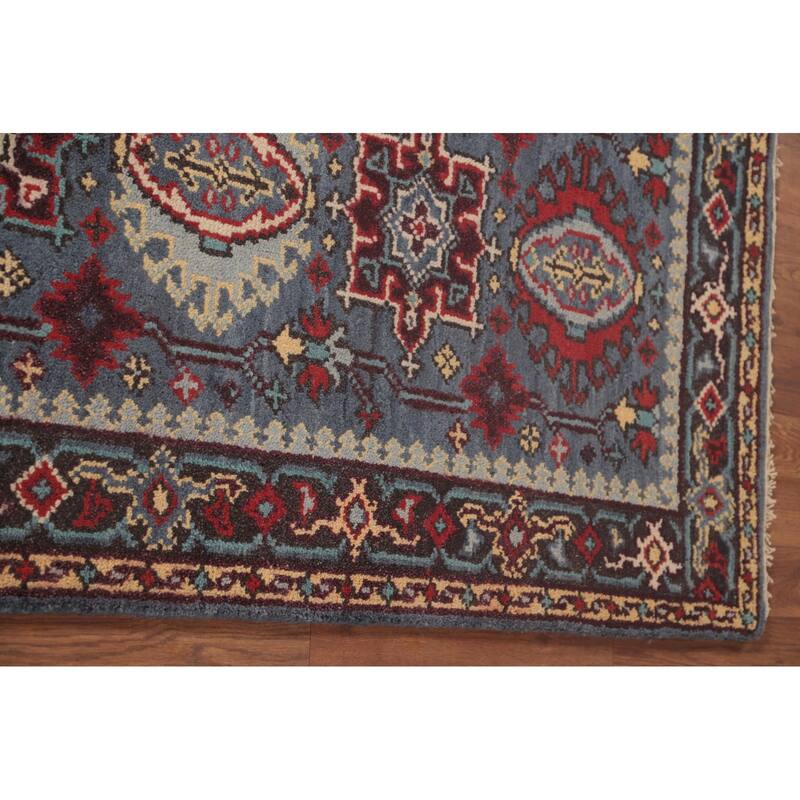 Geometric Kazak Runner Rug Handmade Blue Traditional Wool Carpet - 2'8"x 8'0"