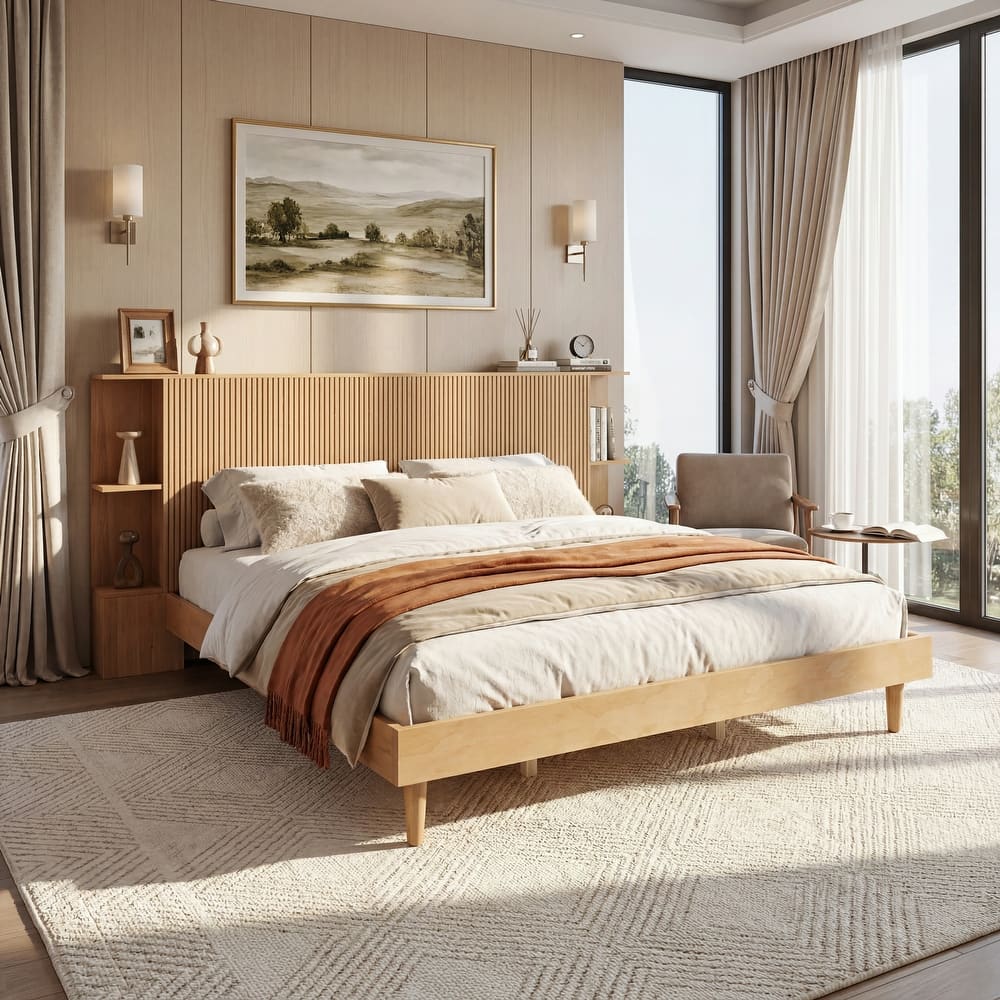 Christopher Knight Home - Avery Bohemian Platform Bed, Storage Headboard, Built-In Shelves & Wooden Legs, No Box Spring Needed