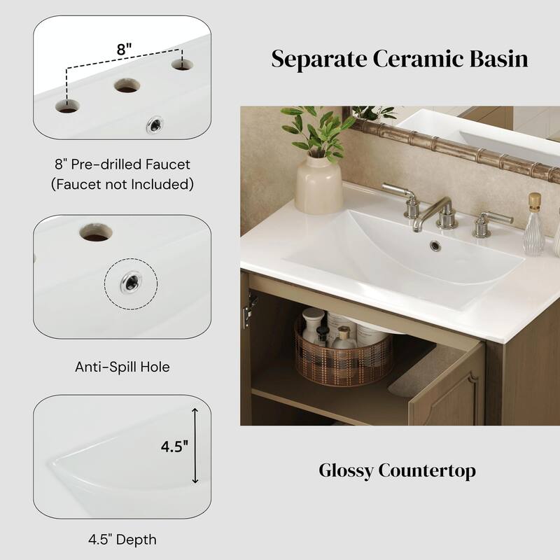 30" Vintage Bathroom Vanity - Rectangle Sink, Antique Handles, Solid Wood Legs, and Adjustable Shelves