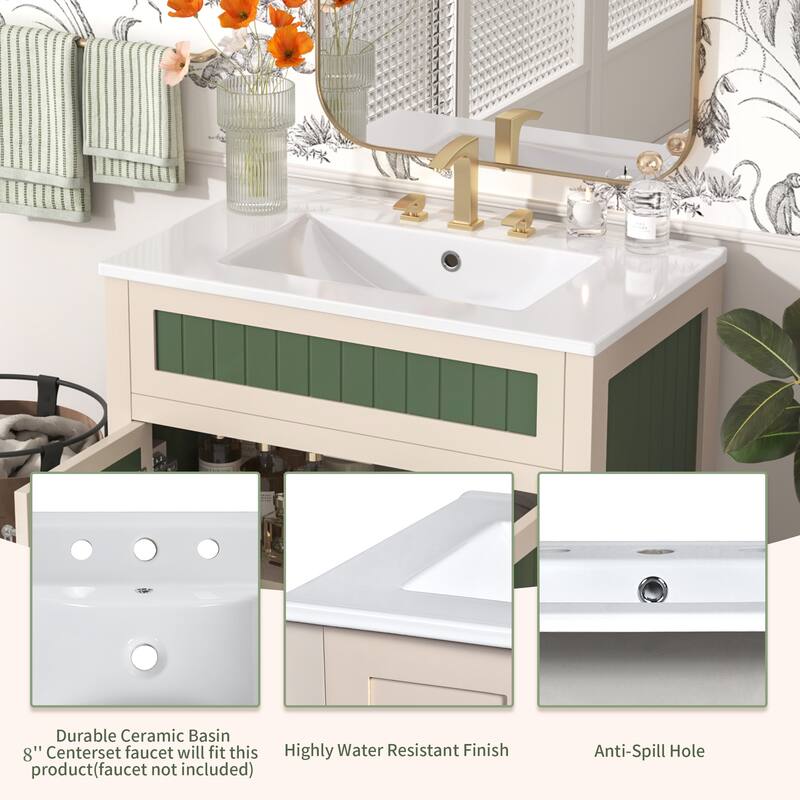 30" Bathroom Vanity Cabinet with Ceramic Sink, Solid Wood Frame & Adjustable Shelf, Modern Storage Solution