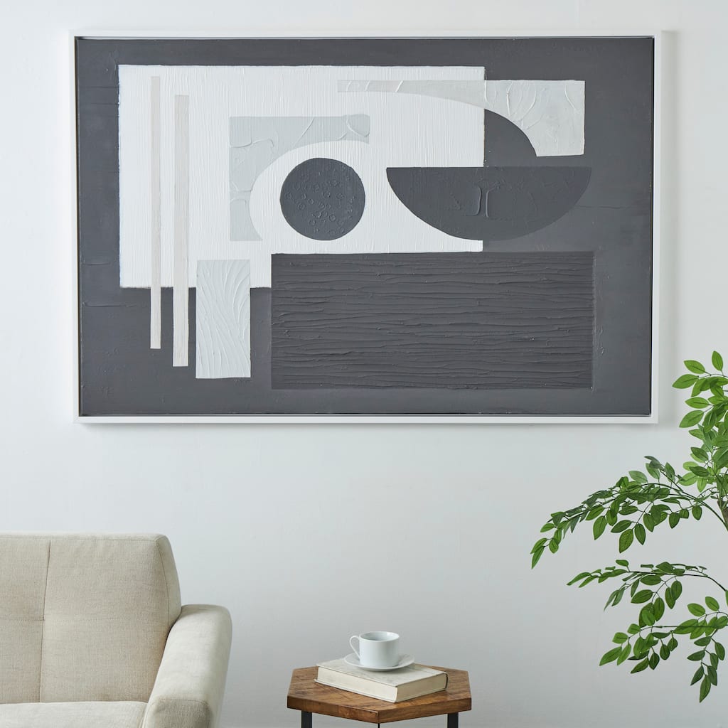Black or White Canvas Textured Abstract Framed Wall Art with Various Geometric Shapes and White Accents