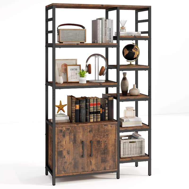 Rustic Brown Metal and Wood 8-Tier Bookshelf with Cabinet and Anti-Tip Kits - 32.5" L x 12" W x 55.5" H