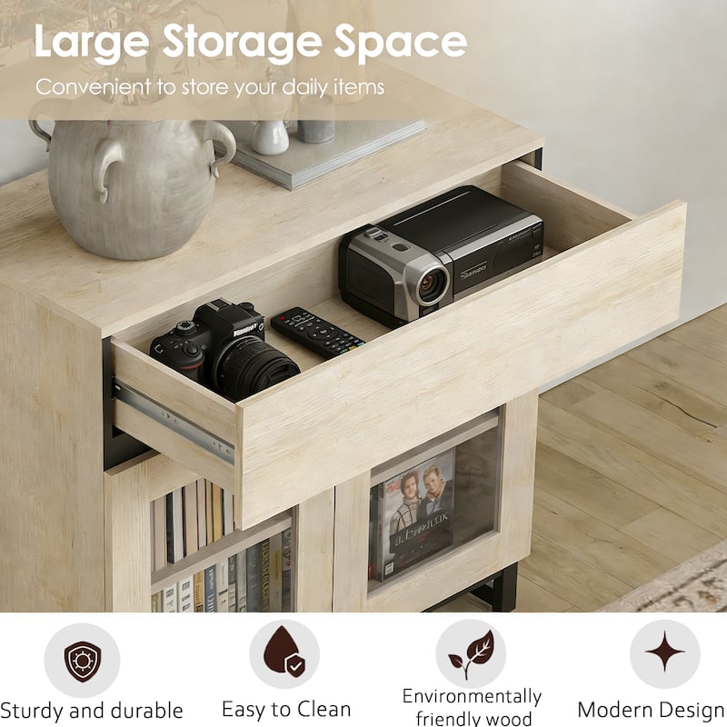 WAMPAT Modern TV Stand with Glass Doors for 110 inch TVs, Entertainment Center Console with 3 Drawers and Metal Base