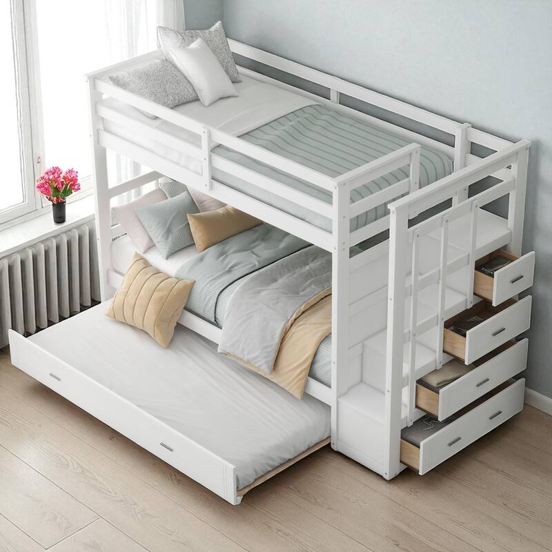 Twin Over Twin Bunk Bed with Trundle and Storage Drawers, Staircase Bunk Frame for Kids and Teens