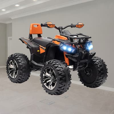 12V Kids ATV Ride-On Toy with Rechargeable Battery, LED Headlights, Wide Wheels, Music Player, for Boys and Girls - Orange