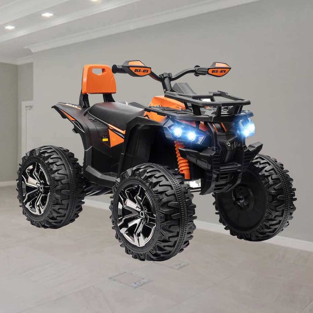 12V Kids ATV Ride-On Toy with Rechargeable Battery, LED Headlights, Wide Wheels, Music Player, for Boys and Girls - Orange