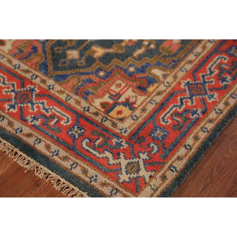 Teal Geometric Heriz Serapi Indian Foyer Rug Handmade Wool Carpet - 2'11"x 5'2"