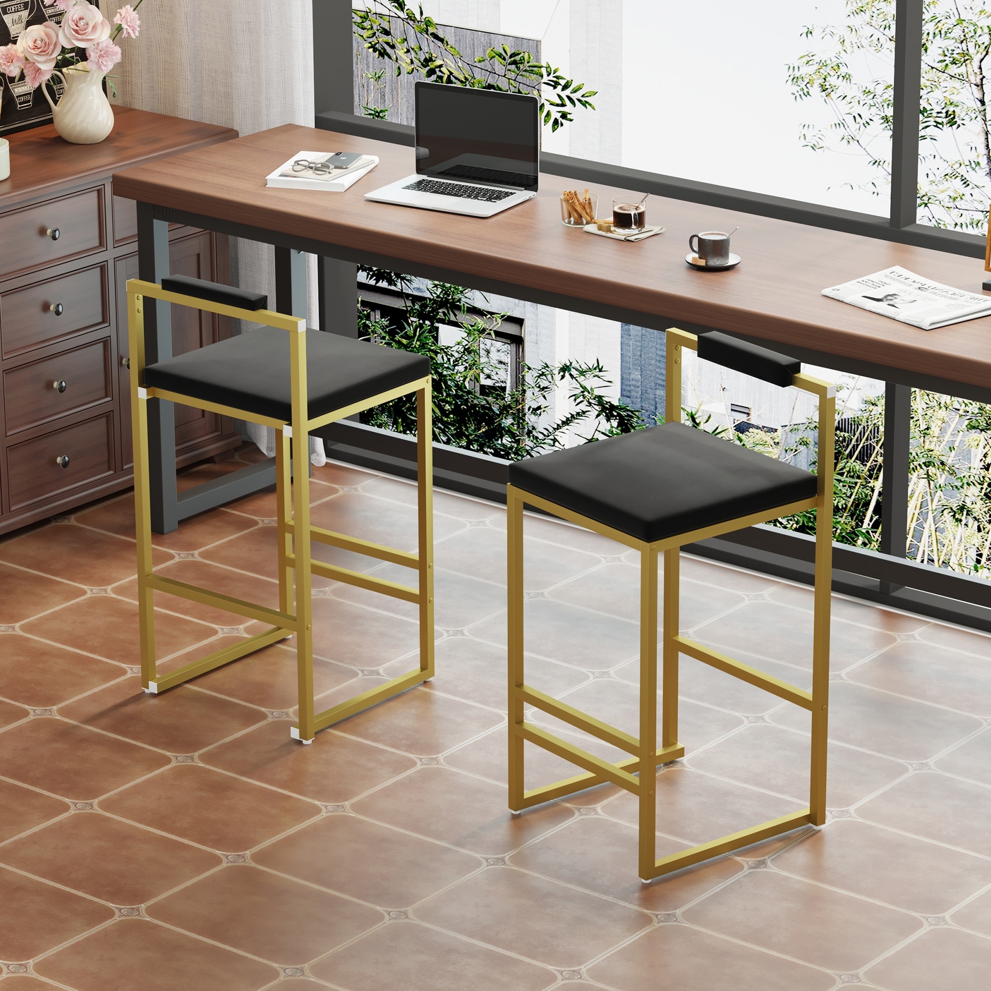 Modern Set of 2 Counter Height Bar Stools with Velvet Upholstered, Metal Base & Low Backrest by GDFStudio