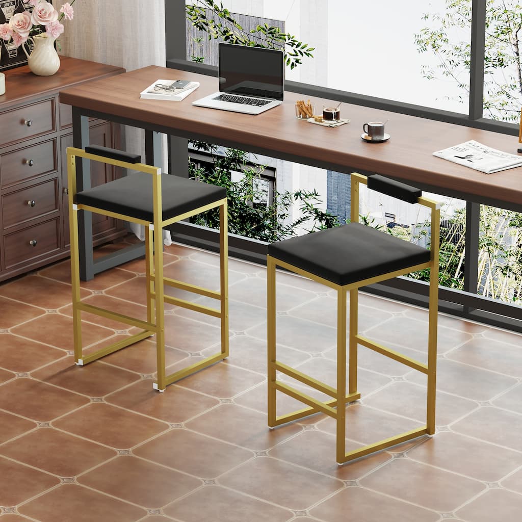 Modern Velvet Counter Height Bar Stools with Low Backrest Set of 2 Upholstered Dining Stools for Kitchen Island (Gold & Black)