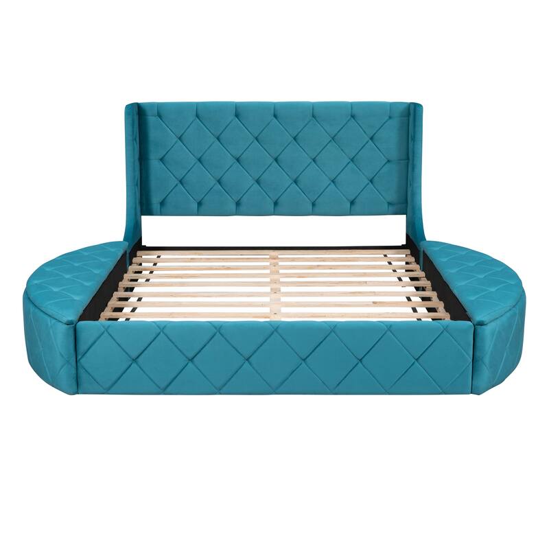 Queen Size Velvet Platform Bed with Wingback Headboard, Storage Drawer, and Side Stools