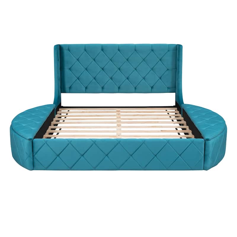 Upholstered Platform Bed Queen Size Storage Velvet Bed with Wingback Headboard and 1 Big Drawer,2 Side Storage Stool(Beige)