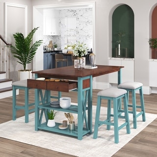 Rustic Wood 4-Piece Counter Height Dining Table Set with 2 Stools and ...