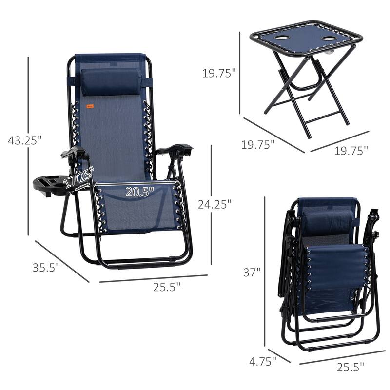 3-Piece Folding Outdoor Zero Gravity Lounge Chair Set with Side Table, Folding Chairs with Cupholders & Pillows