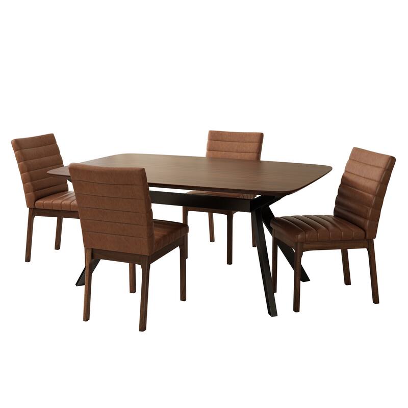 Roomfitters Dining Set Mid-Century Modern Solid Rubberwood Table PU Leather Chairs, Cognac Walnut Black - 5-Piece