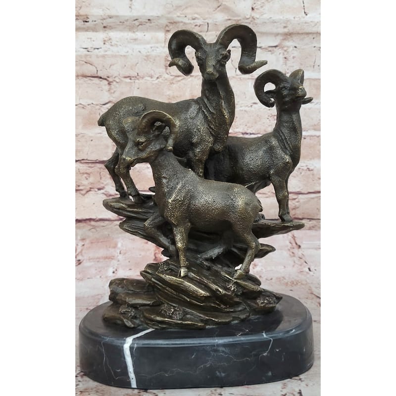 Trio Of Mountain Rams Bronze Sculpture On Marble Base For Rustic Wildlife Decor