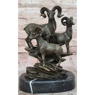 Trio Of Mountain Rams Bronze Sculpture On Marble Base For Rustic Wildlife Decor