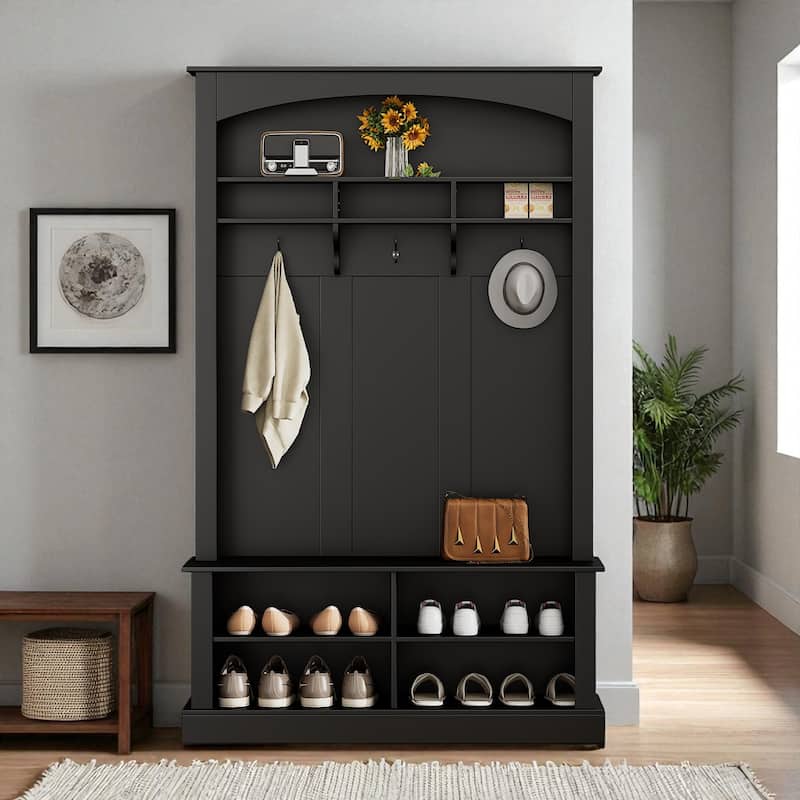 47.2 in Hall Tree with Bench & Shoe Storage, 3 Hooks, Adjustable Shelves, Modern Entryway Coat Rack 75.3 in H