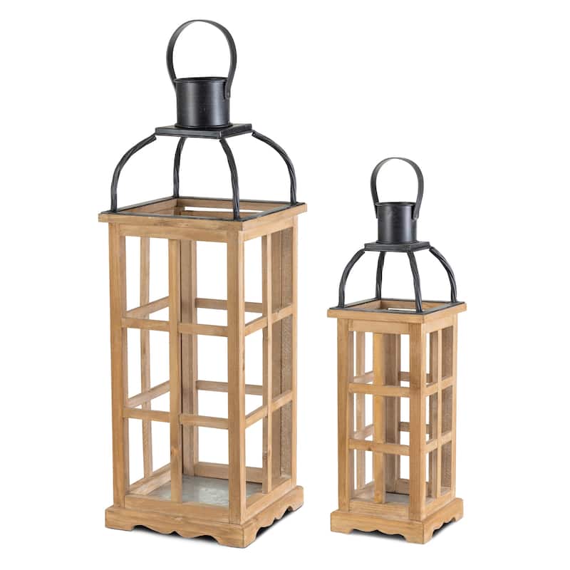 Glitzhome Farmhouse Wooden Metal Cage Candle Holders Patio Hanging Vintage Lanterns (Set of 2)