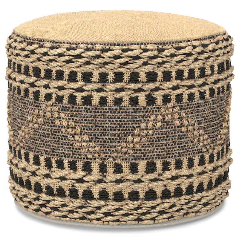 WYNDENHALL Magdalena Contemporary Round Woven Pouf in Natural, Black Jute