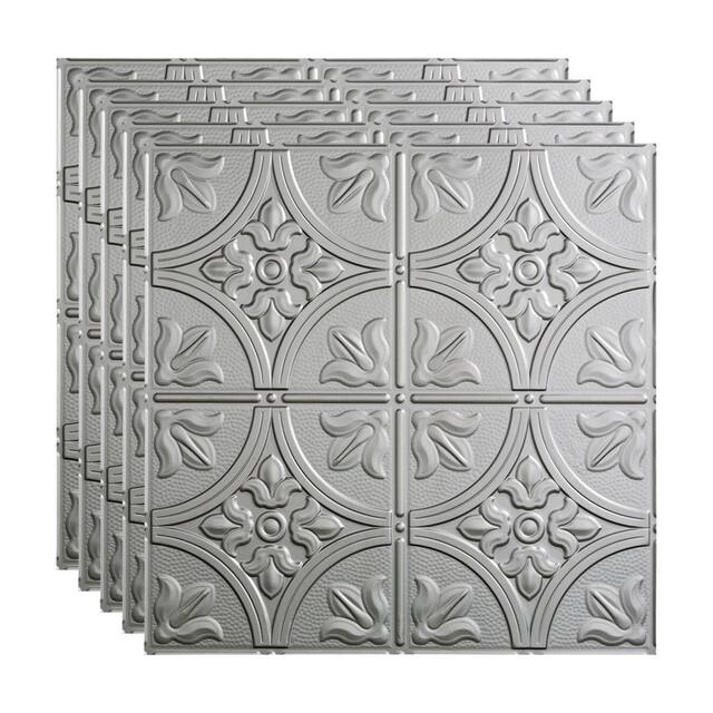 Fasade Traditional Style/Pattern 2 Decorative Vinyl 2ft x 2ft Lay In Ceiling Tile in Argent Silver (5 Pack)