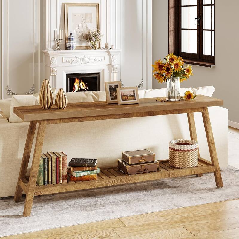 70.9 Inches Farmhouse Console Entryway Table, 2-Tier Grey Sofa Tables - Light Brown - Wood