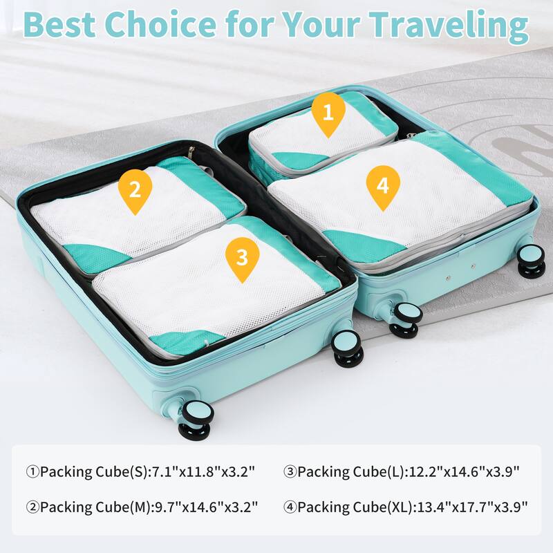 4 Piece ABS Expanable Spinner Wheels Lightweight Luggage Set w/TSA Lock and Compression Packing Cubes