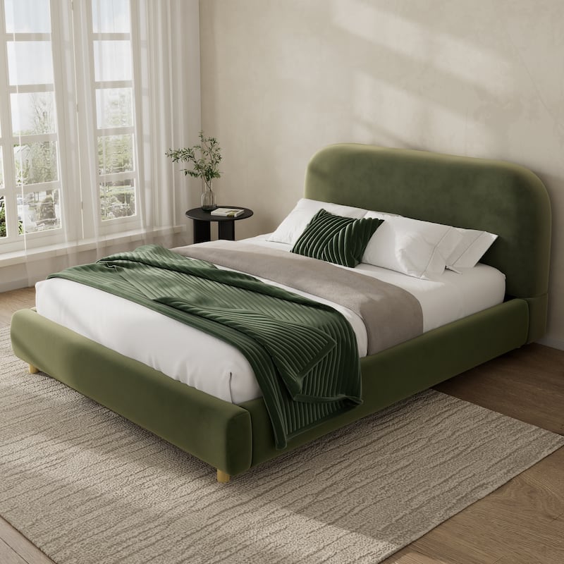 Queen Size Platform Bed with Velvet Fabric, Upholstered Bed with Curve Design Thick Headboard, Olive Green - Olive Green