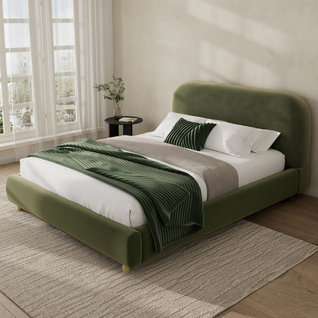 Queen Size Platform Bed with Velvet Fabric, Upholstered Bed with Curve Design Thick Headboard, Olive Green