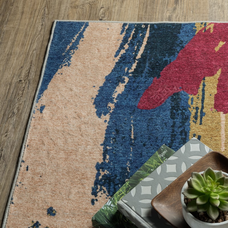 Vista Home Sunderland Abstract Paint Washable Blue/ Gold Area Rug Mat