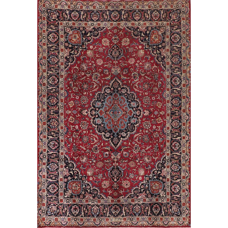 Traditional Signed Mashad Persian Vintage Rug Handmade Wool Carpet - 8'0"x 10'9"