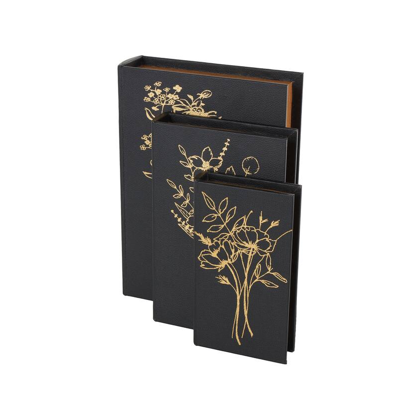 Black Faux Leather Faux Book Storage Floral Decorative Box with Gold Accents (Set of 3)