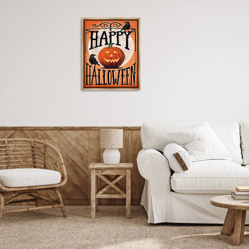 Stupell Happy Halloween with Crows Framed Floater Canvas Wall Art Design By Elizabeth Tyndall