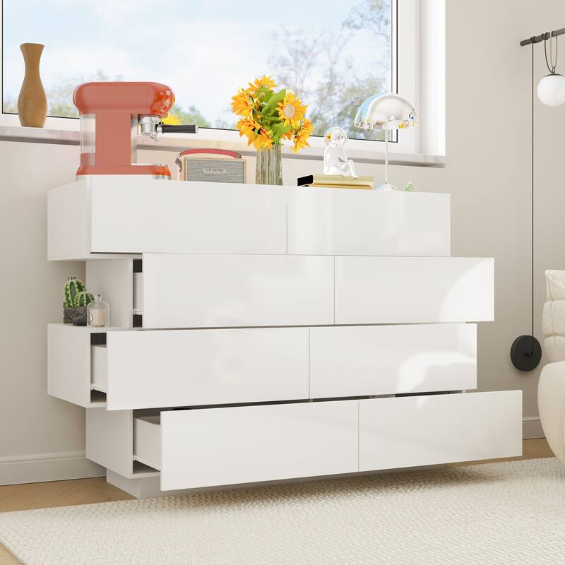 Contemporary High Gloss White Eight-Drawer Dresser, Chest of Drawers - White