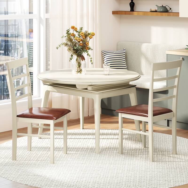 White Rubber Wood PU Leather Dining Chairs Set of 2 with Padded Seats - 17" L x 19.5" W x 37" H