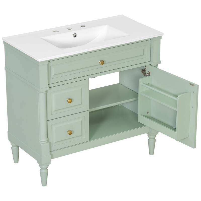 36" Bathroom Vanity with Sink, Freestanding Bathroom Cabinet with Ceramic Basin, Flip Drawer, Adjustable Shelf - Green