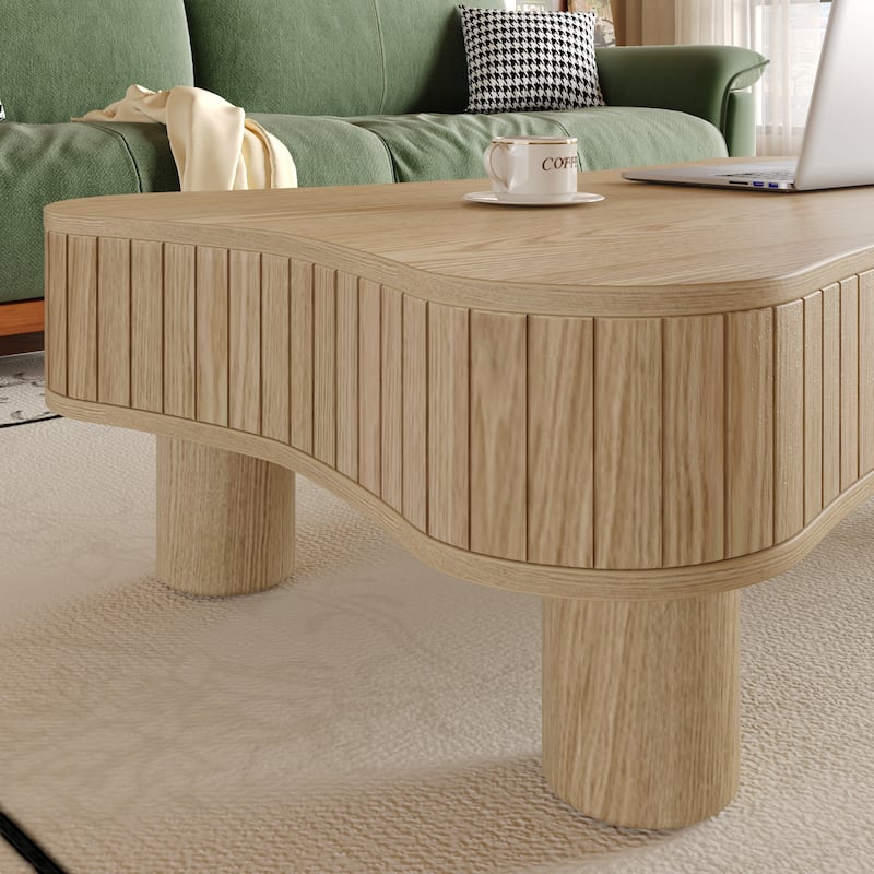 Lift Top Coffee Table for Living Room 42" Fluted Panel Hidden Storage, Silent Hydraulic Lift, Curved Safety Corners,Natural Wood