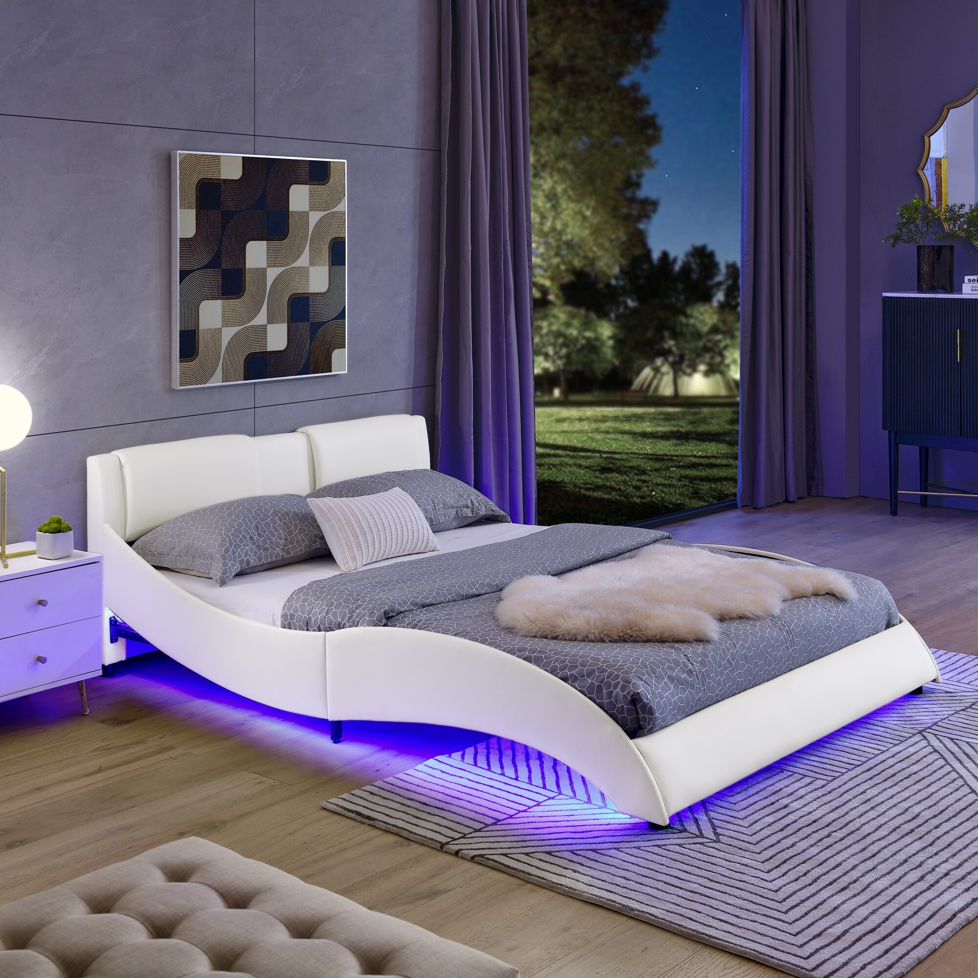 Queen Size Modern Faux Leather Upholstered Platform Bed Frame with RGB LED Lights Wave Like Curve Low Profile Bed Frame Bed Bath Beyond 41052579