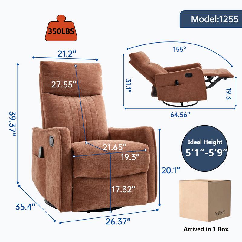 Swivel Recliner Chair with Heat & Massage, Heavy Duty Manual Recliner Chair, Glider Rocker Chair with Side Pocket - Orange