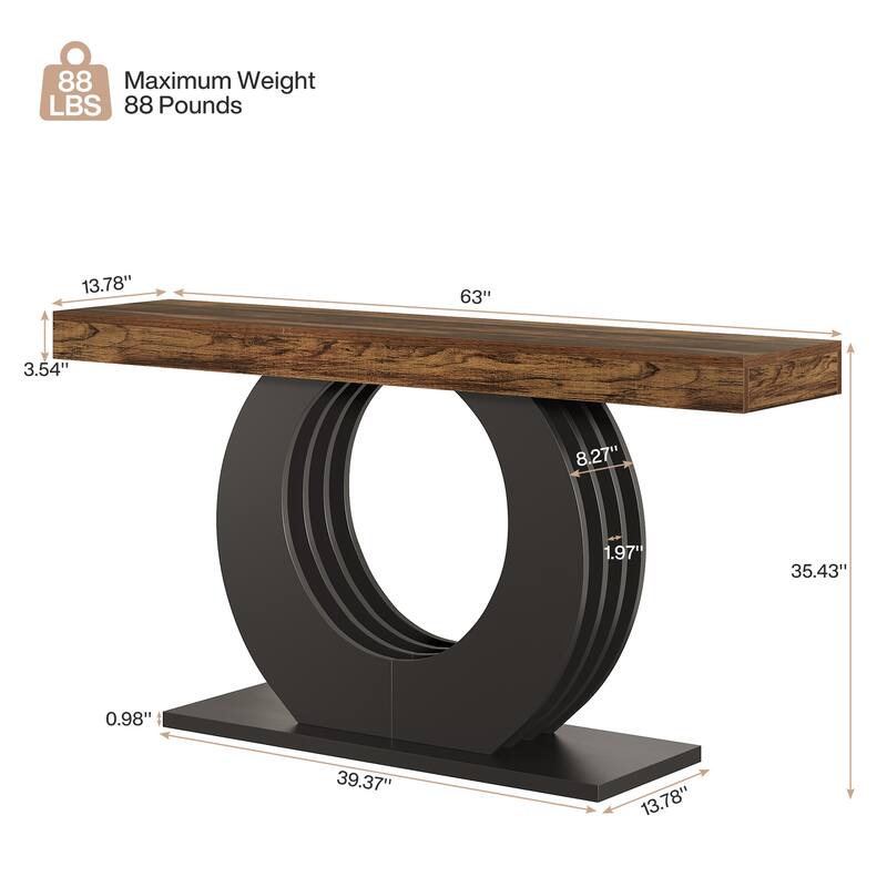 Industrial Sofa Console Table with Round Metal Base for Entryway