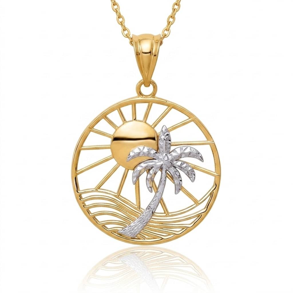 Curata 14k Two Tone Gold 18" 22x20mm Sun and Palm Tree Pendant Necklace