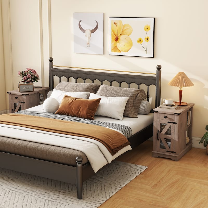 2 Pcs Side Table with Charging Station with Storage Shelf and Drawers