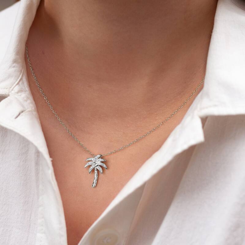 1/20ct Diamond Accented Palm Tree Pendant Necklace in Silver for Women
