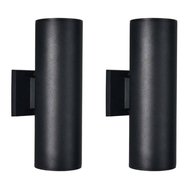2 Pack 2-Light Modern Industrial Black Cylindrical Outdoor Waterproof Lantern Wall Sconces - 4.3 in. W x 13.4 in. H