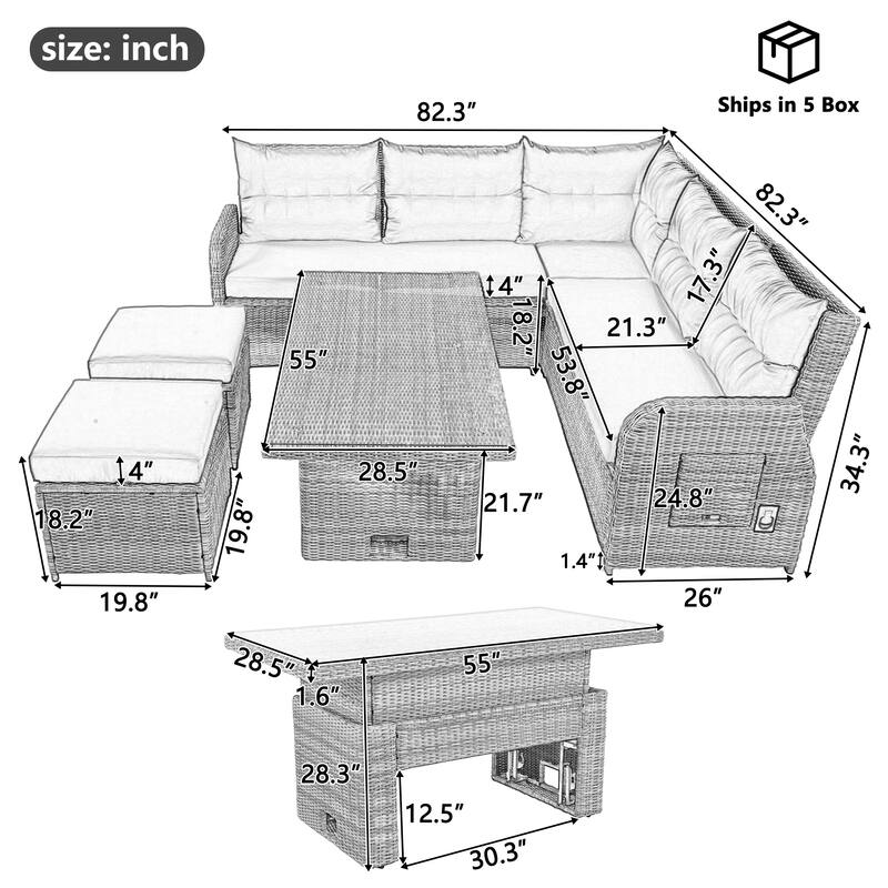 Patio Rattan Furniture Set with 1 Adjustable Table, Recliners with Extendable Side Tables, and 2 Ottomans