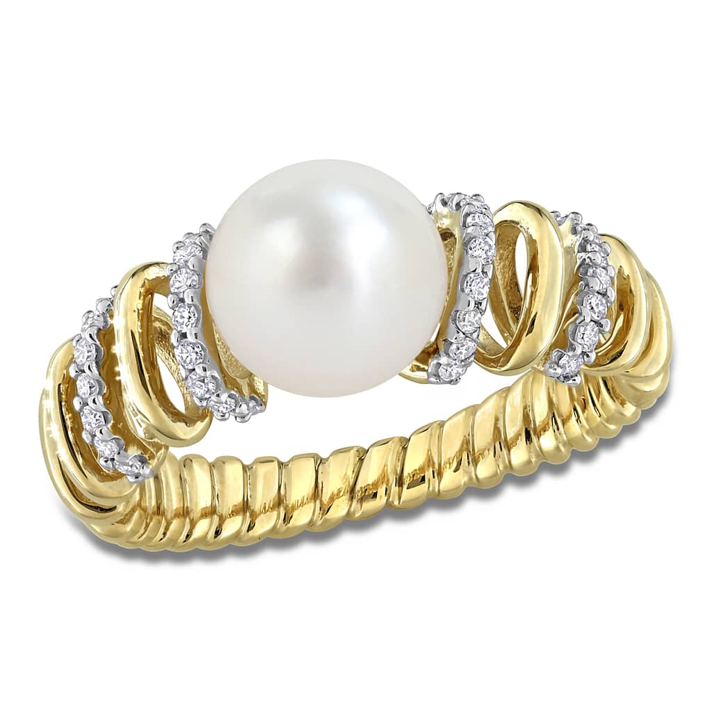 Miadora Cultured Freshwater Pearl 1/6ct TW Diamond Spiral Ring 10k Yellow Gold