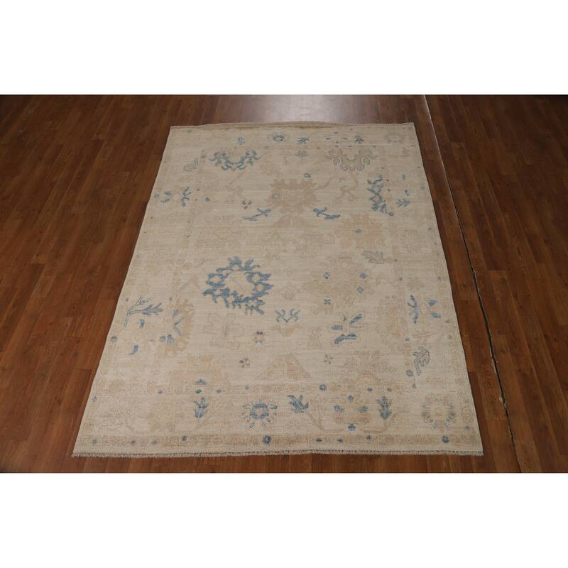 Vegetable Dye Oushak Turkish Rug Hand-Knotted Beige Wool Carpet - 5'0"x 6'7"