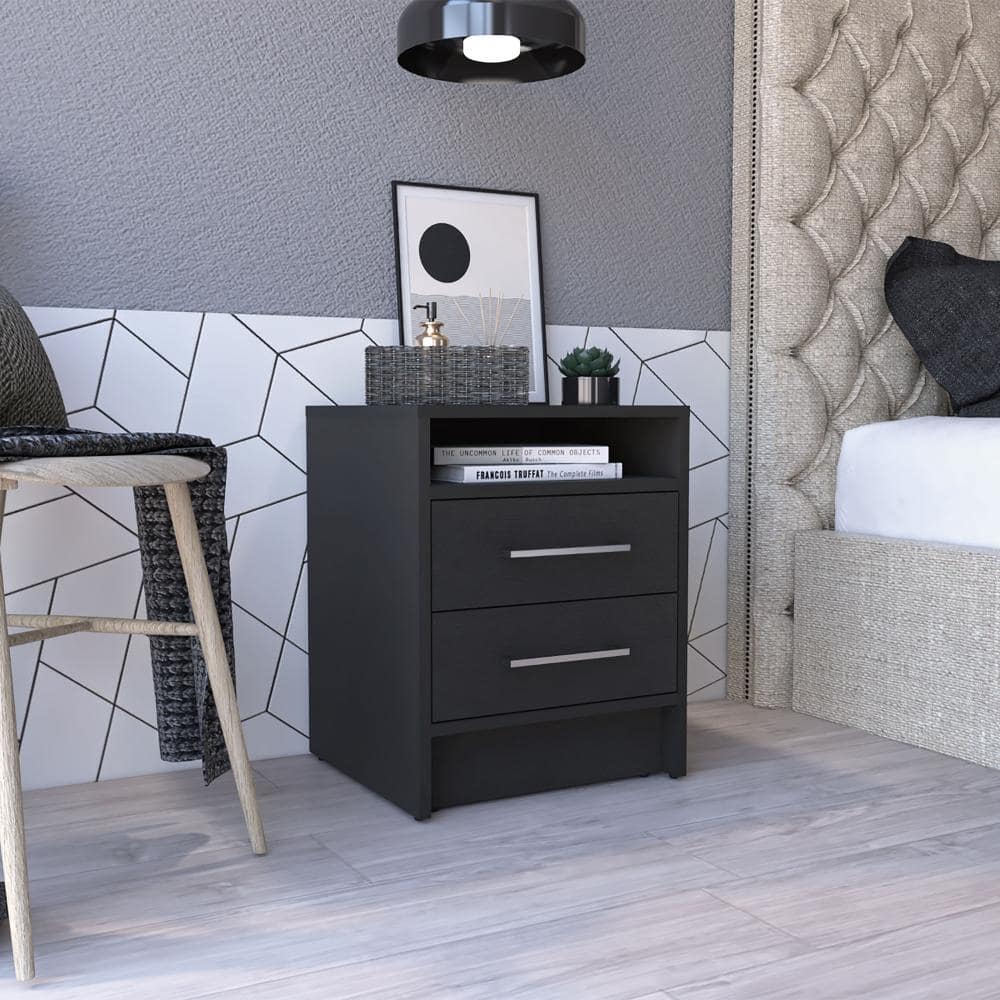 Black Nightstand with Two Drawers and Open Shelf, Metal Handles
