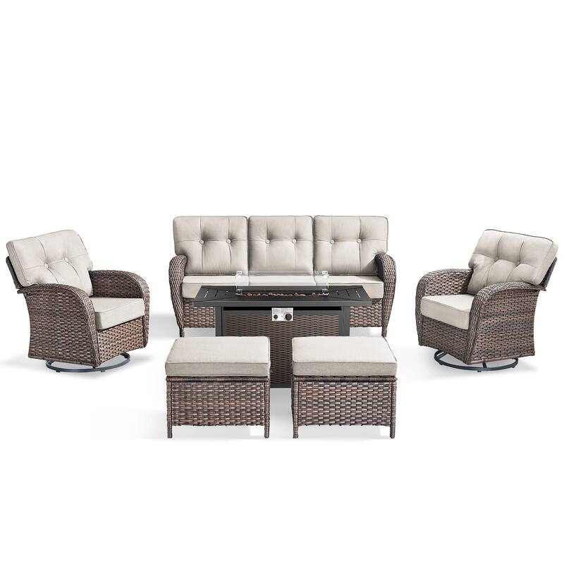 Pocassy Outdoor 43 In Fire Table with Sofa Swivel Chair Set