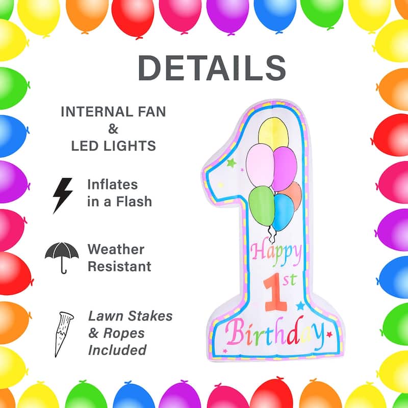 Fraser Hill Farm 8-Ft. Tall First Birthday Outdoor Blow-Up Inflatable with Lights & Storage Bag