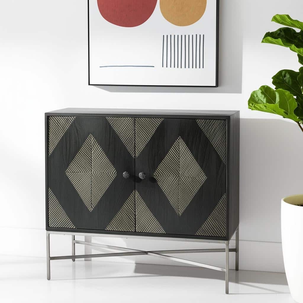 HomeRoots 36" Dark Brown and Silver Solid Wood and Iron Carved Geometric Accent Cabinet With Two Doors
